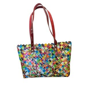 Nahui Ollin Colorful Woven Tote Bag with leather straps